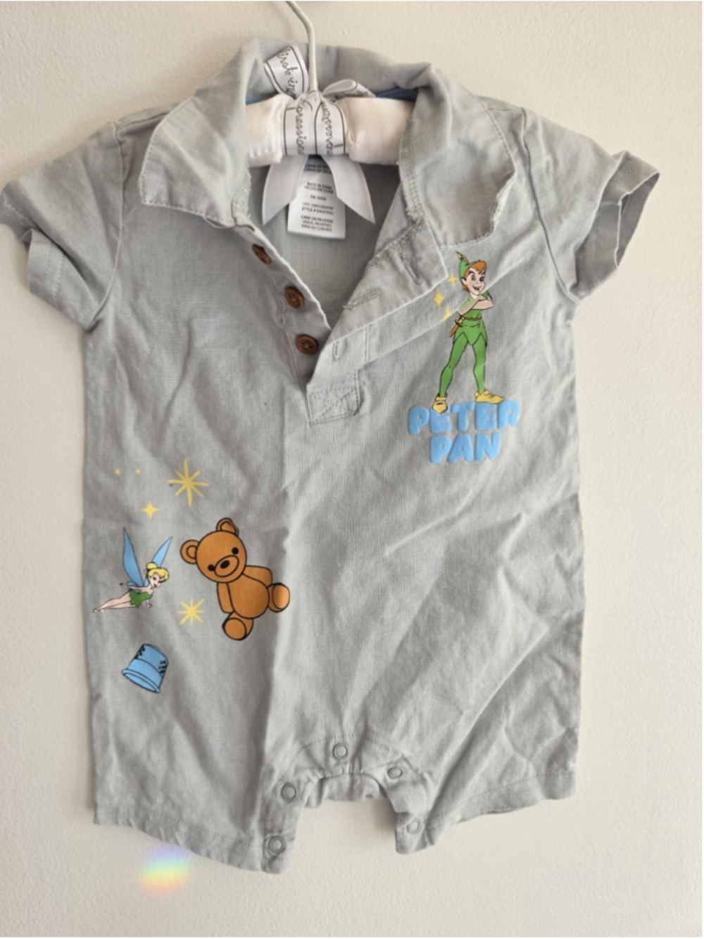 Disney Baby Peter Pan Linen Blend Romper Gray 9 Months 2023 Summer Graphic EUC